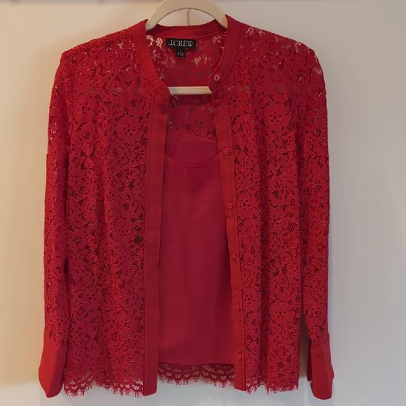 J. Crew Vibrant Red Lace Top - Picture 1 of 3